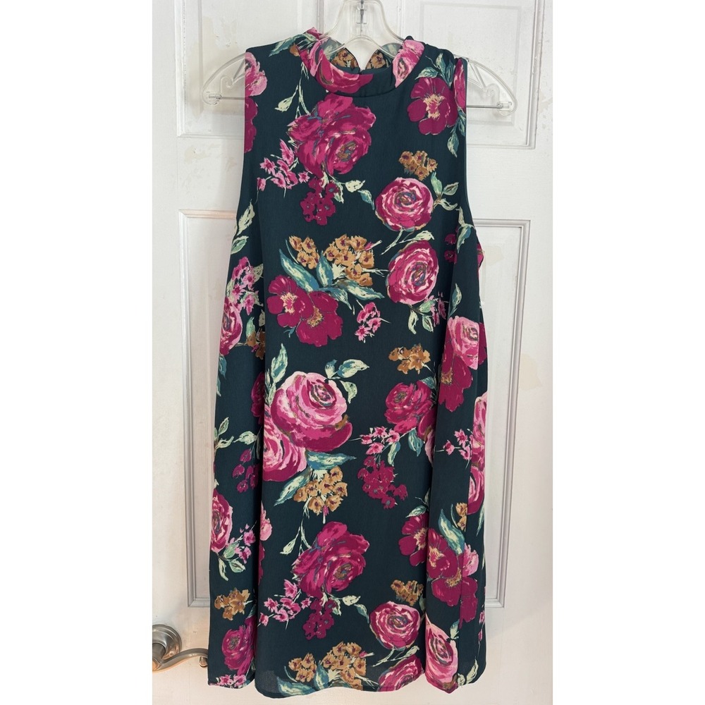 Everly Dark Teal‎ Floral Sleeveless Shift Dress Womens Sz L Pink Green Romantic